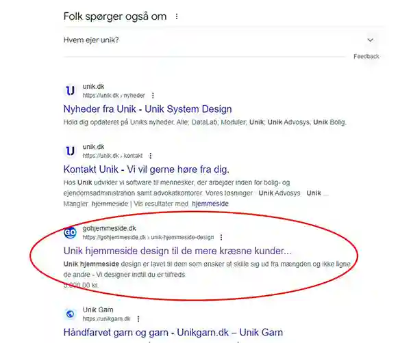 Rank på Google ved søgning på Unik hjemmeside